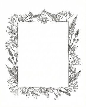 Black and white line art illustration of a rectangular frame surrounded by detailed sketches of wildflowers, daisies, and ferns, creating a hand-drawn botanical border on a white background.