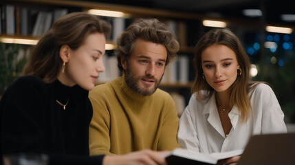Warm lamp light spills over a bookshelf as senior mentors offer feedback and the team asks questions, agendas updated and mentorship noted during a home office meeting about career growth.