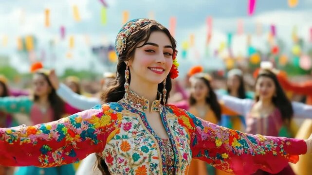 A festive Nowruz scene with people performing a traditional Persian dance, vibrant costumes and spring decorations in the background.