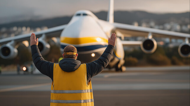 Ground crew staff guiding a large cargo plane during takeoff preparations, expertly managing the runway equipment and communicating through hand signals on a bustling airport tarmac. cinematic