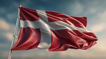 Danish national flag waving in the wind against a cloudy sky.