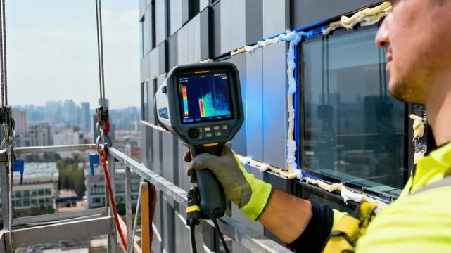 Technician in safety gear uses advanced scanning equipment on building facade inspecting insulation and sealing quality during a detailed building envelope assessment.