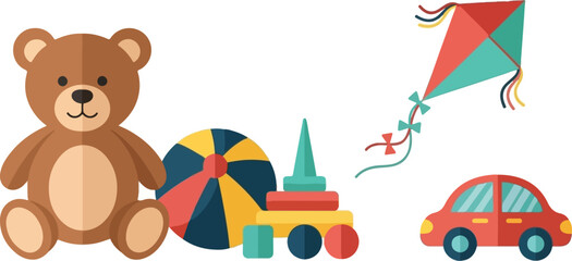 Fototapeta premium Children's Toys Set Vector Illustration with Teddy Bear, Ball, Stacking Toy, Kite, and Car