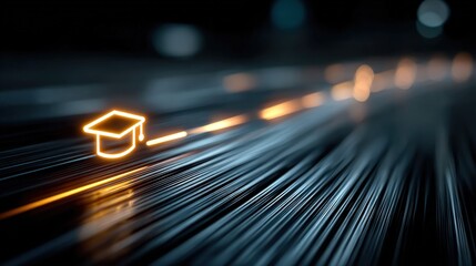 A glowing graduation cap icon connected to a line of glowing lights on a dark background with streaks of light