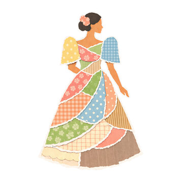 Paper collage illustration of woman in patchwork dress