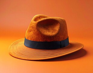 Stylish Orange Fedora Hat with Black Band on Matching Background.