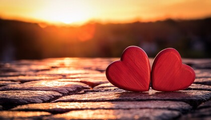 Two Red Wooden Hearts On A Cobblestone Path With A Warm Golden Sunset In The Background