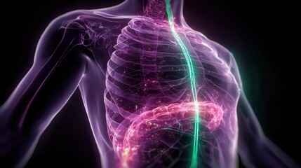 A 3D illustration of a human torso with a glowing spine and intestines