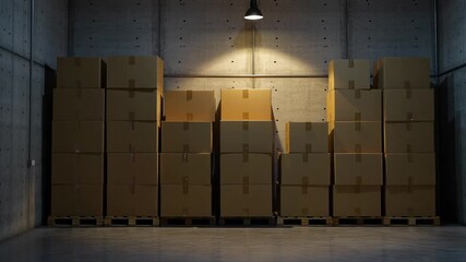 Stacks of cardboard boxes in a dimly lit warehouse