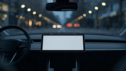 Modern car interior with blank touchscreen display at night, city lights bokeh