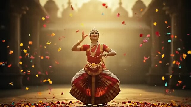 Graceful Indian Dancer Performs Traditional Bharatanatyam with Falling Petals.
