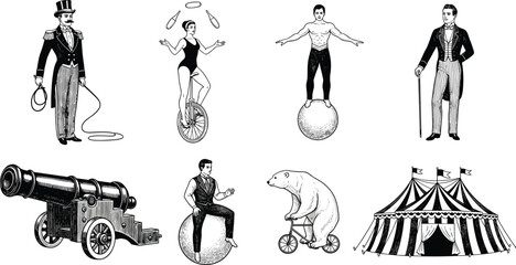 Vintage circus performers illustration set, featuring acrobats, strongmen, juggling acts, cannon, trained bear, and classic big top tent scenes © VectoBloom
