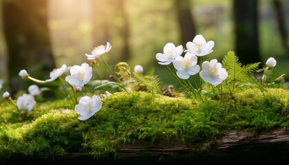 Lush Green Moss And Delicate Blossoms A Serene Nature Study