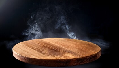 Empty Circular Wooden Cutiing Board With Smoke Float Up On Dark Background