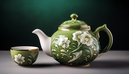 A Green And White Ceramic Teapot With A Matching Cup Featuring Floral Designs And A Dark Background