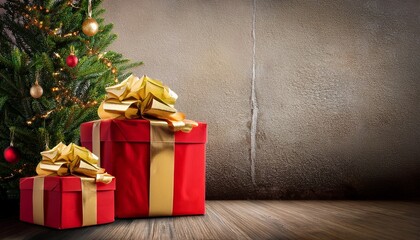 Christmas Tree Christmas Gift Box Red With Gold Ribbon With A Background As An Old Wall