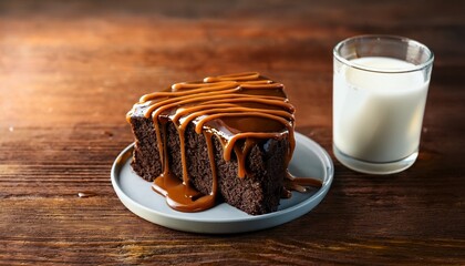 Molten Chocolate Cake With Caramel Drizzle And A Glass Of Milk On A Wooden Surface