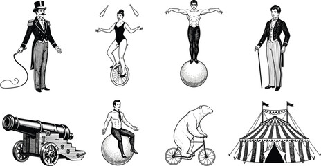 Vintage circus performers illustration, featuring ringmaster, acrobats, strongman, trained bear, cannon, and classic striped tent, in retro engraving style © VectoBloom