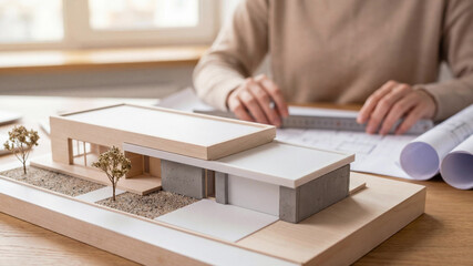 Close-up of a female architect's hands using a ruler to measure a 3D model of a modern house on a desk. Blueprints and tools in the background emphasize precision, design, and construction planning.