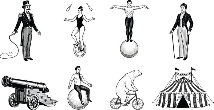 Vintage circus performers illustration, featuring ringmaster, acrobats, strongman, trained bear, cannon, and classic striped tent, in retro engraving style