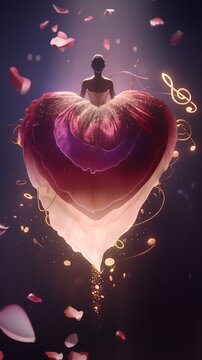 Silhouette of Woman in Heart-Shaped Red Gown, KPop, Floating Rose Petals and Glowing Golden Musical Notes, Elegant Dreamy Design for Valentine&rsquo;s Events, Music Decor and Romantic Celebrations