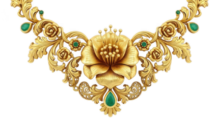 Intricate golden floral necklace with emerald accents