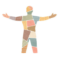 Patchwork paper cutout human figure with open arms