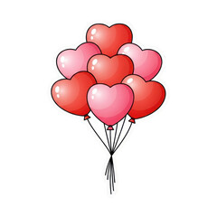 A bunch of red and pink heart shaped balloons tied together isolated on transparent background for love and valentines day