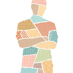 Human silhouette made of torn patterned paper pieces