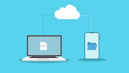 Animated cloud file transfer between laptop and smartphone showing files and folders syncing through cloud storage. Clean modern motion design for data sharing, cloud services, and technology concepts - Powered by Adobe