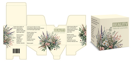 Elegant cosmetic packaging with botanical theme. Includes 3D box and flat layout for branding.