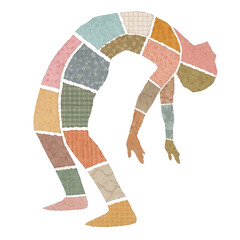 Human figure bending forward paper collage illustration
