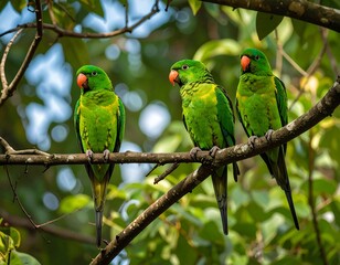 Three vibrant green birds with orange beaks perch on a branch, surrounded by lush green foliage and blurred background