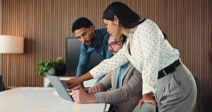 Laptop, discussion or business people meeting in boardroom, explain budget increase or project expansion. Notes, teamwork or investor with manager for assets approval, pc or investment price info