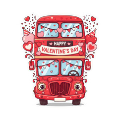 Happy valentines day celebration with decorated red double decker bus isolated on transparent background