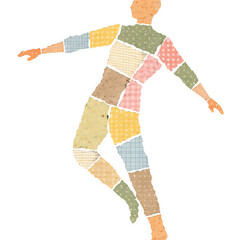 Paper collage figure of person dancing with patchwork clothes