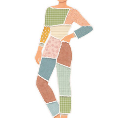 Woman standing in patchwork paper cut style outfit