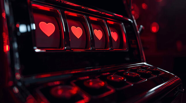 Dramatic casino slot machine with glowing red hearts, love and chance concept, romantic gambling symbolism for Saint Valentine celebration