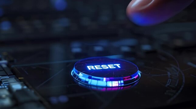 Finger pressing illuminated RESET button on a dark electronic circuit board, concept of restarting technology