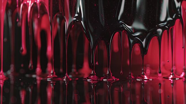 Macro Photograph of Thick Black Liquid Dripping Down Glossy Red Surface Reflecting Light