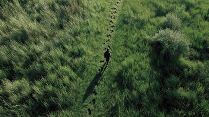 Person Walking Through Tall Grass Field
