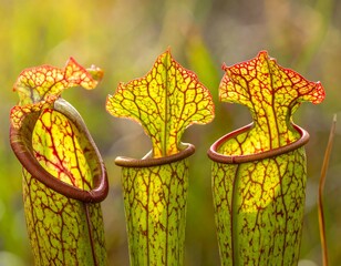 Three vibrant pitcher plants, showcasing intricate red veins against translucent green and yellow hues, bathed in sunlight