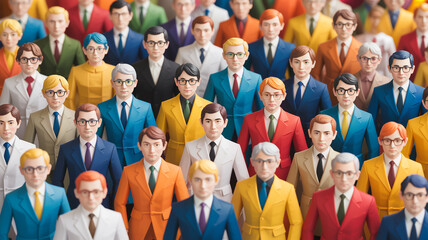 A large group of diverse businessmen in colorful suits and ties standing together