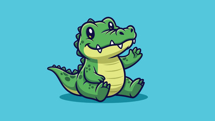 Cute Cartoon Alligator Waving on Blue Background.