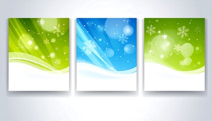 Three vibrant, vertical designs featuring a white base representing snow, with swirling color gradients, bokeh, and snowflake accents