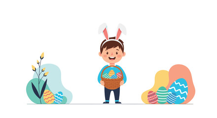 Cheerful little boy wearing cute bunny ears holds a basket full of colorful decorated eggs for a traditional Easter egg hunt.