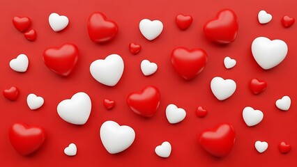 Scattered hearts on a red background