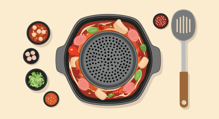 Top-down view of a traditional Thai barbecue hot pot known as Mookata with various meats vegetables and dipping sauces.