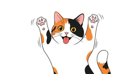 A funny and cute calico cat cartoon character is pressed against glass with its tongue out and paws spread wide open.