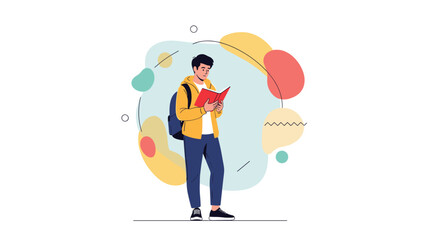 A young male student wearing a backpack stands and reads a book with great focus against a background of abstract shapes.